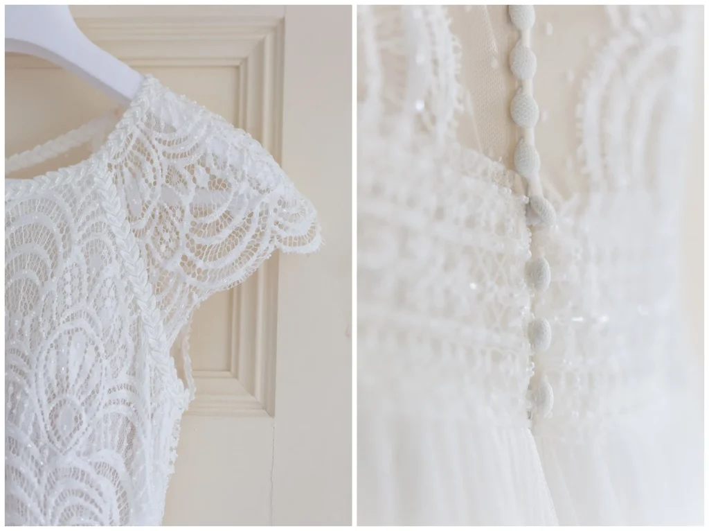 Wedding dress details show lace and buttons