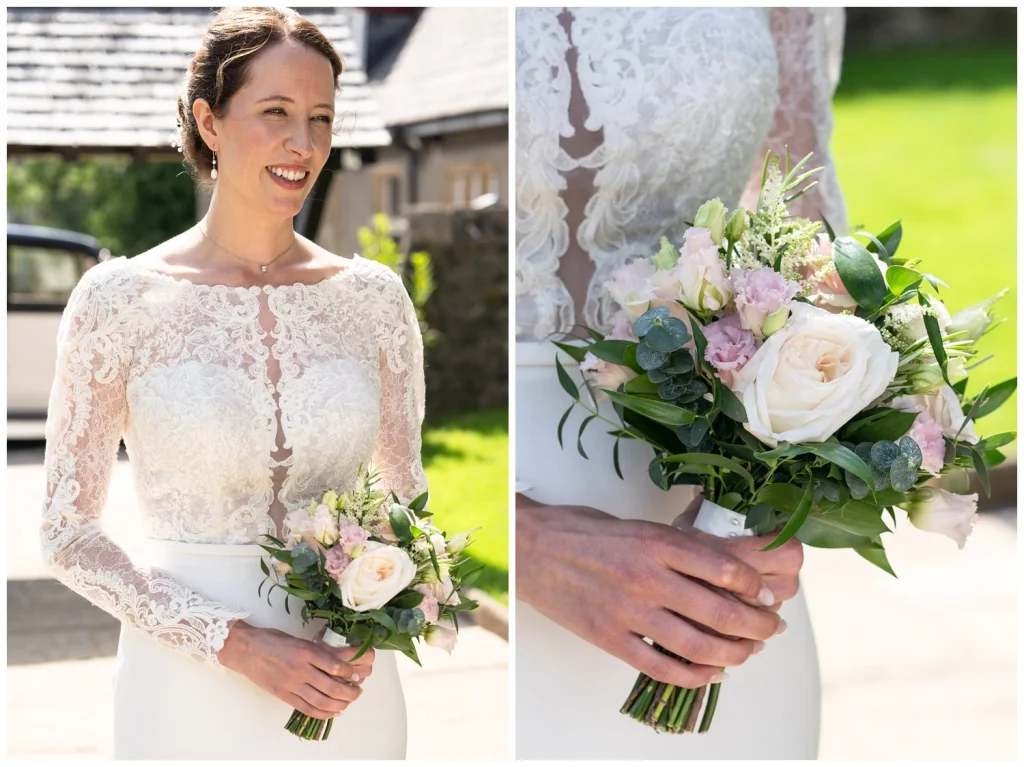 Bride and her bouquet of pale pink and white flowers