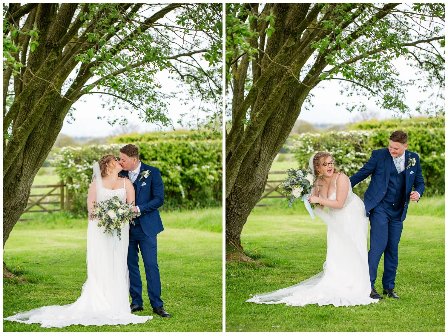 Cheeky moment with the bride and groom one photo kiss the other having fun