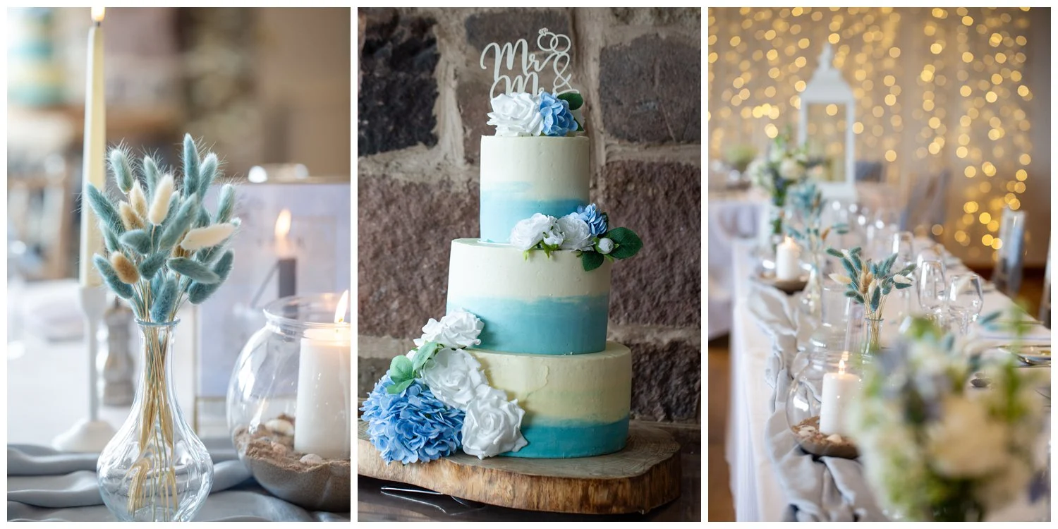 Blue and white wedding cake
