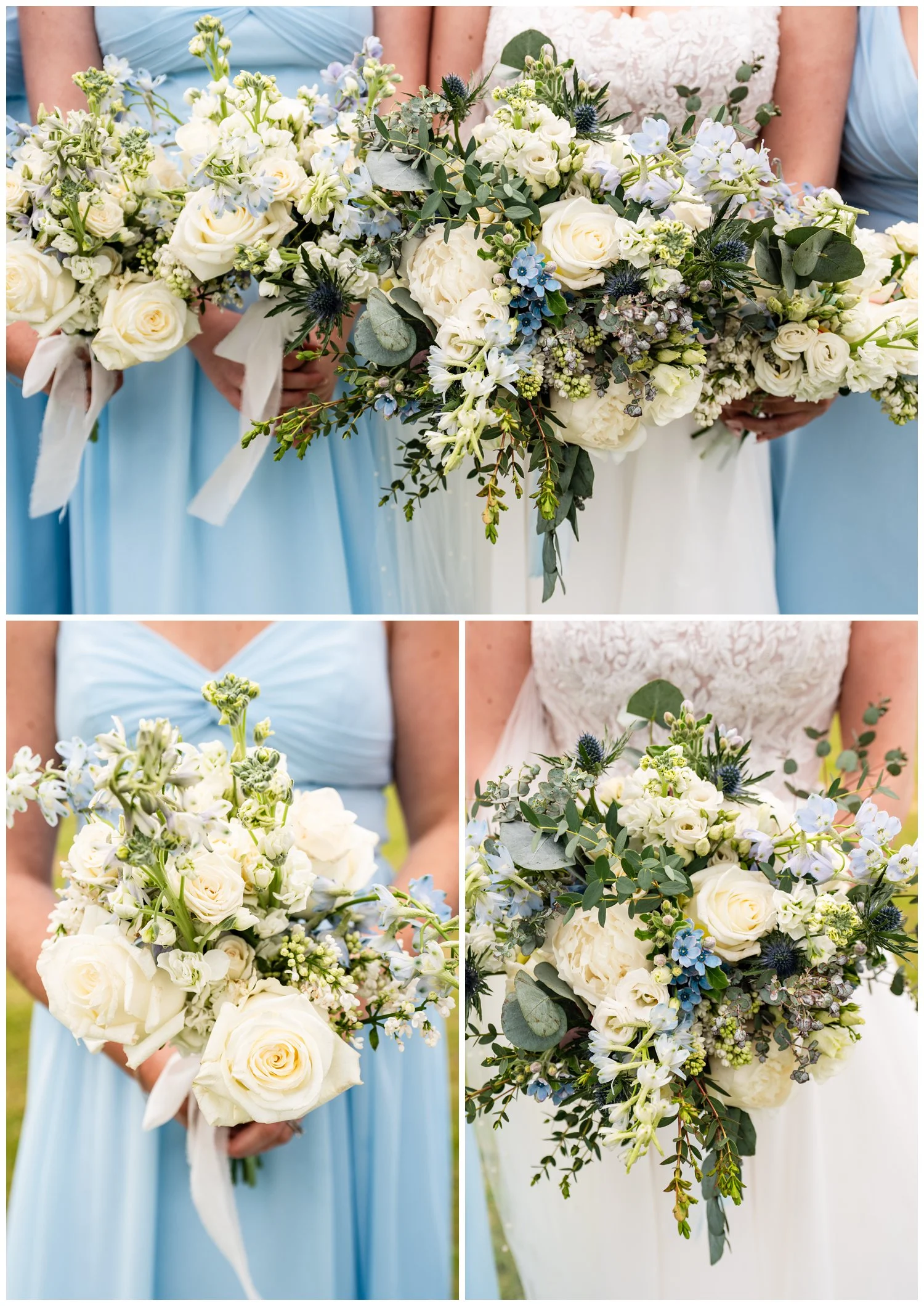 Wedding bouquets pale blues and creams