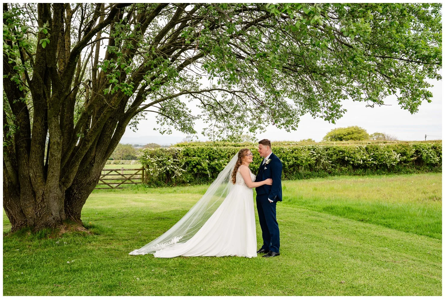 Bride and groom in the distance under a tree facing each other