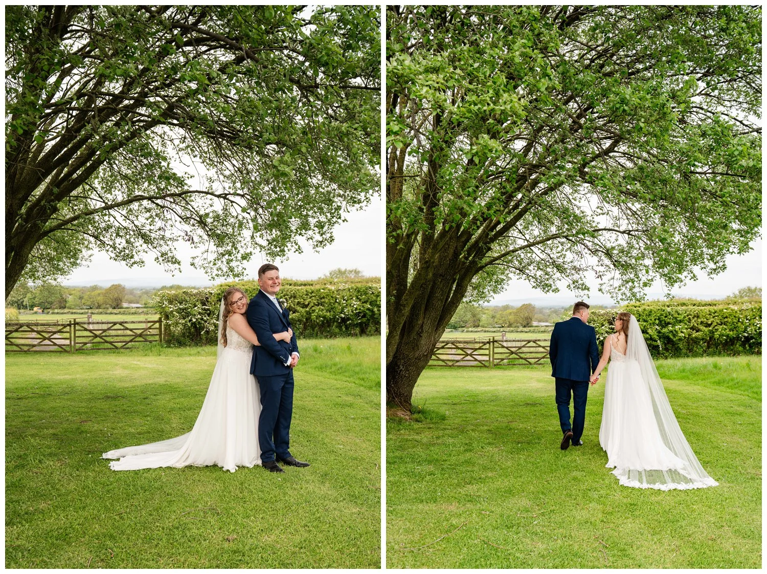Romantic photos of bride and groom under a tree