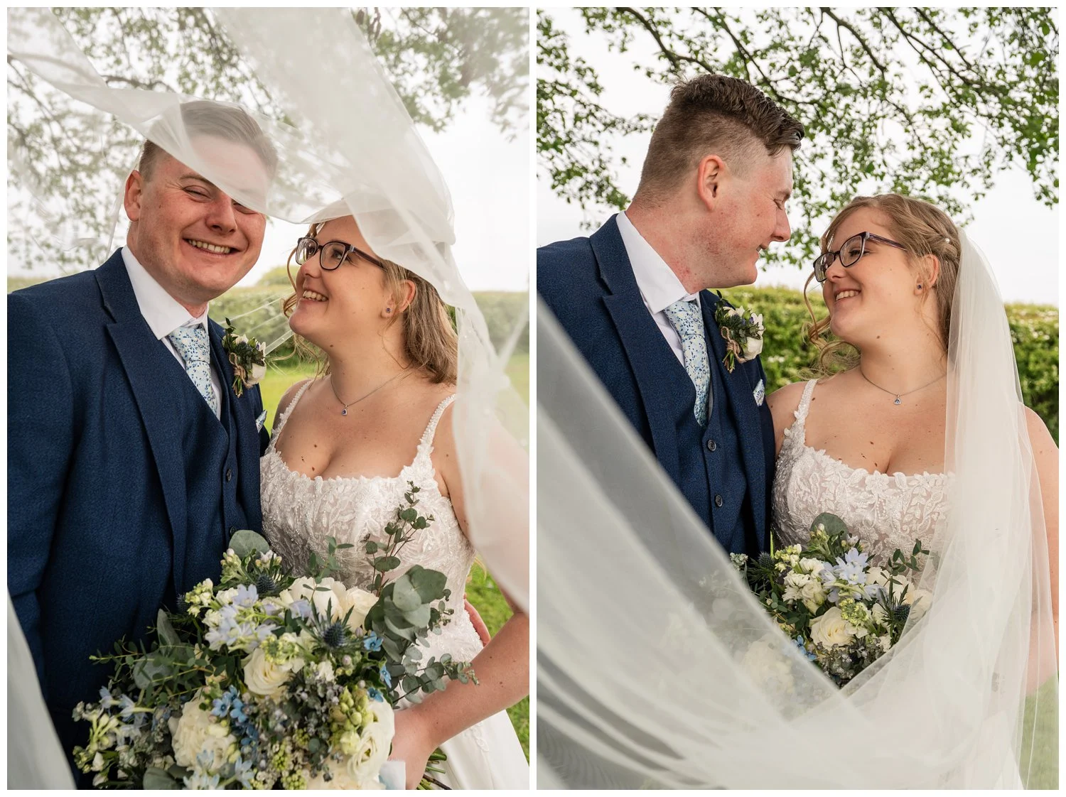 Veil photo with bride and groom