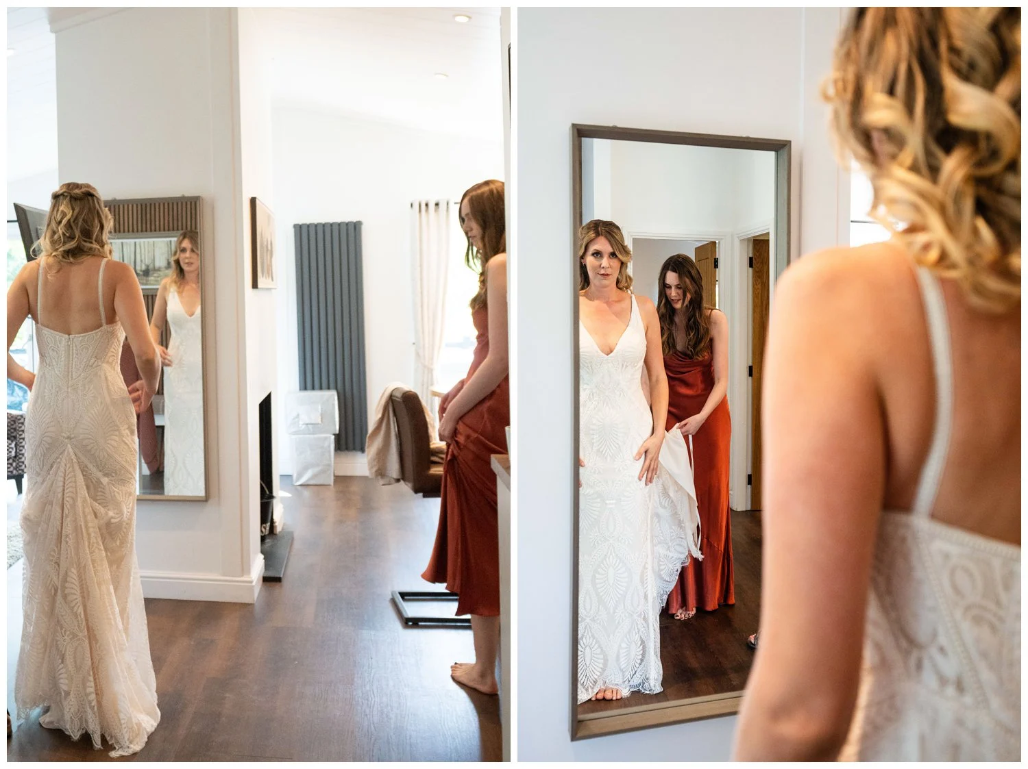 Bride checking her dress in the mirro